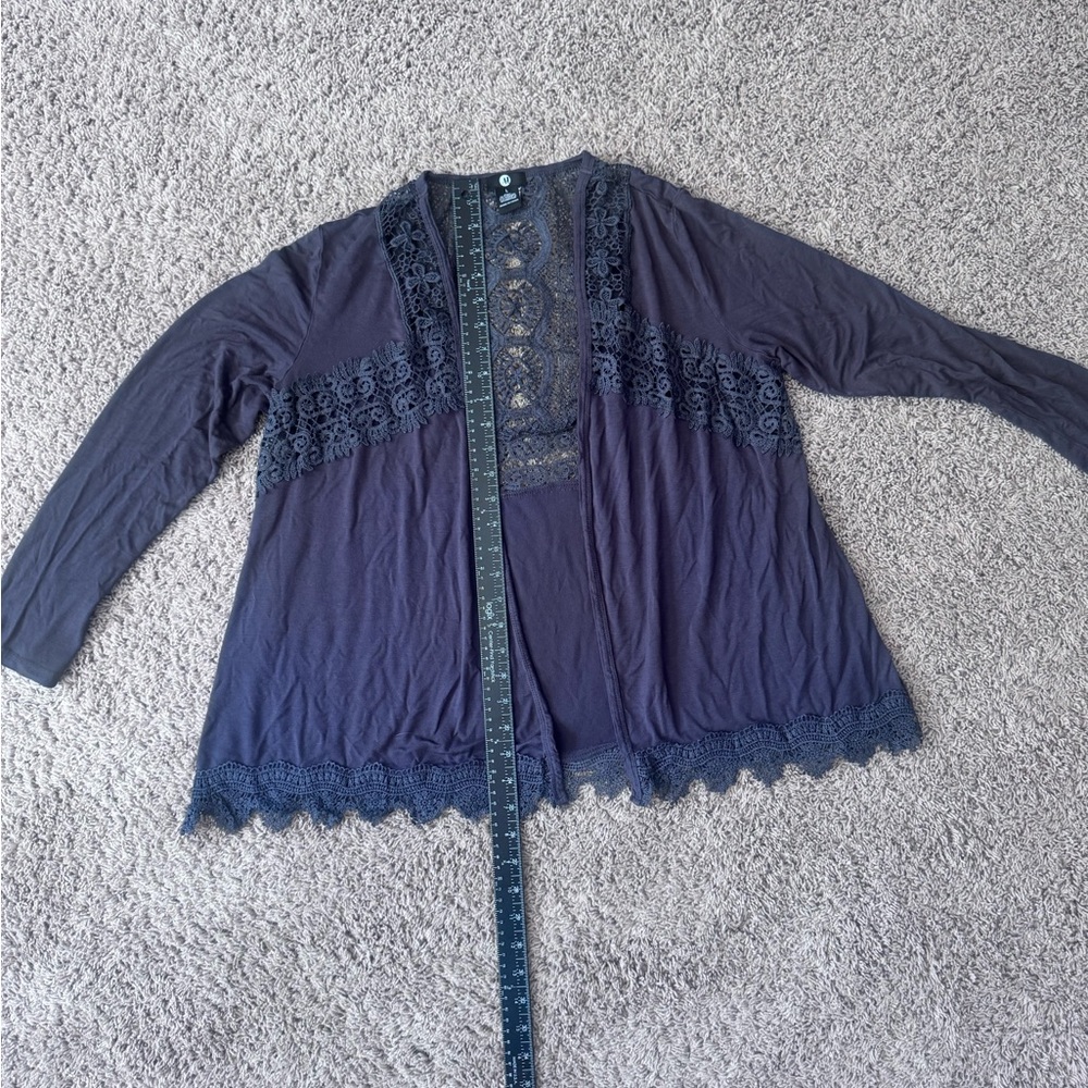 Lace-Trim Open Front Cardigan - Navy